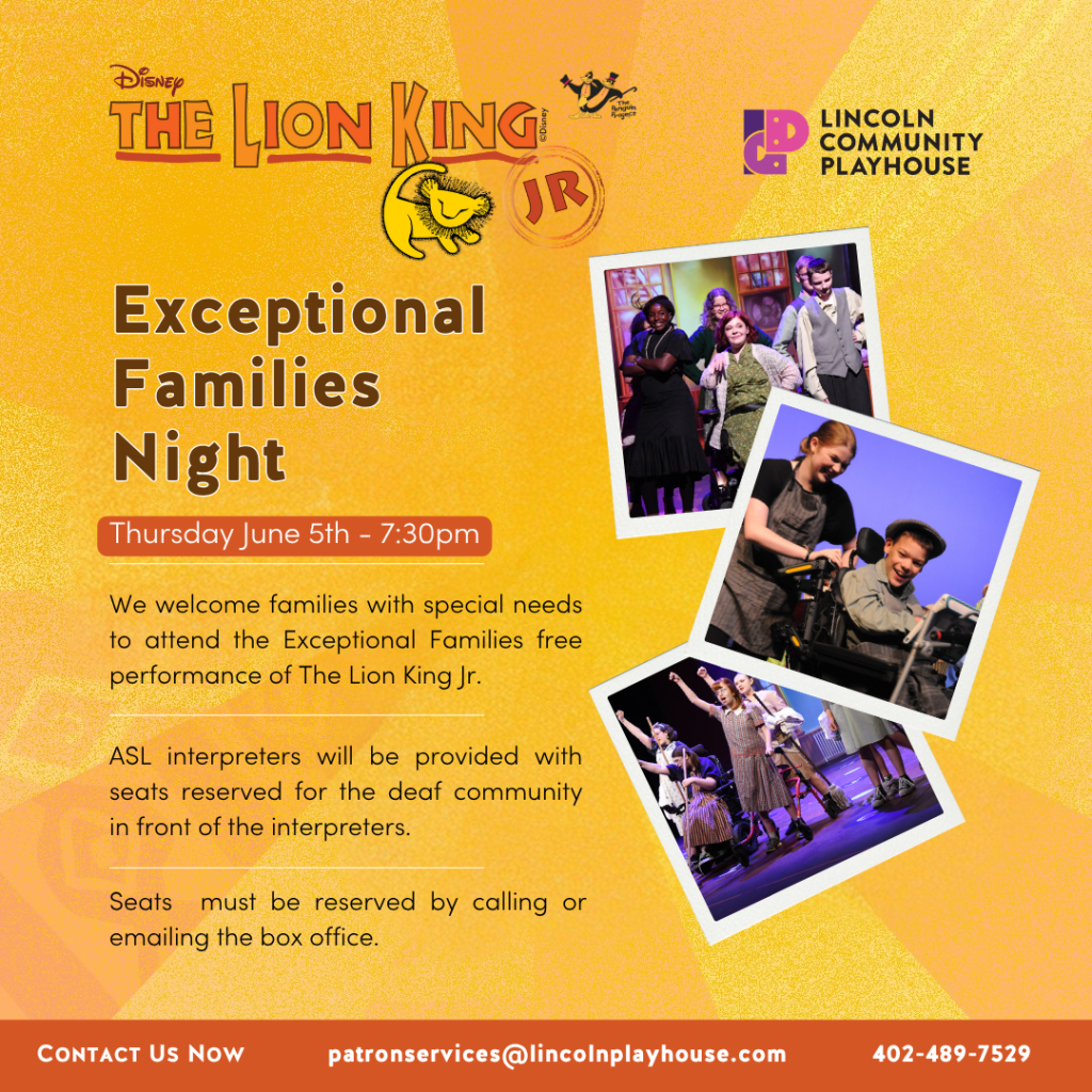 Event flyer for Exceptional Families Night at Lincoln Community Playhouse